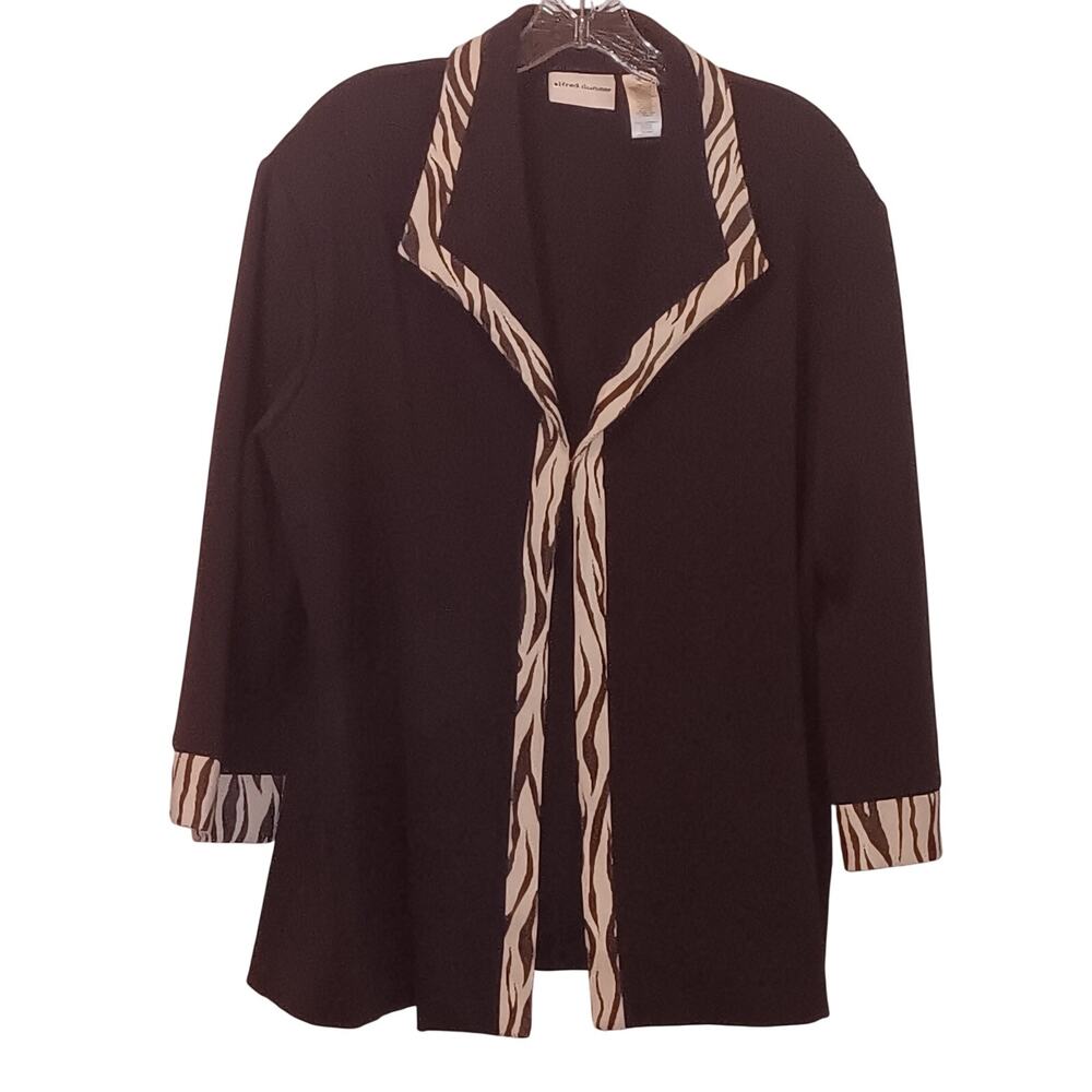 EUC Alfred Dunner Size 16 Black Knit Open Jacket/Cardigan 3/4 Sleeves Zebra Trim